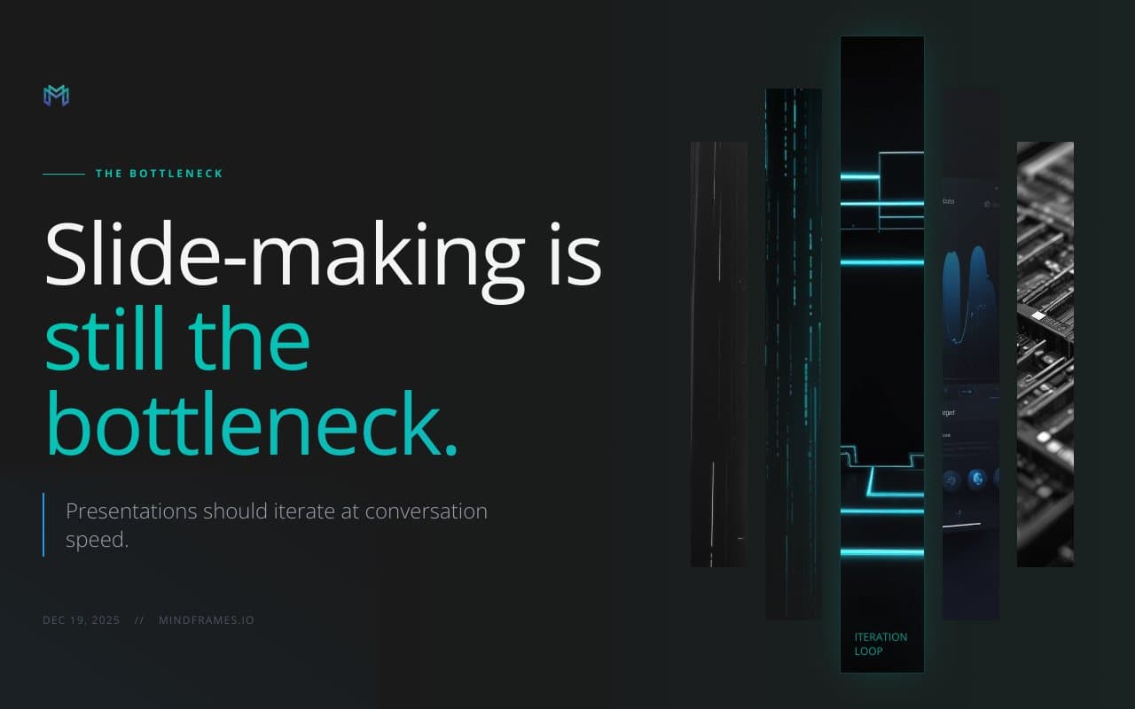 One-slide presentation addressing the slide-making bottleneck problem and introducing a solution tha