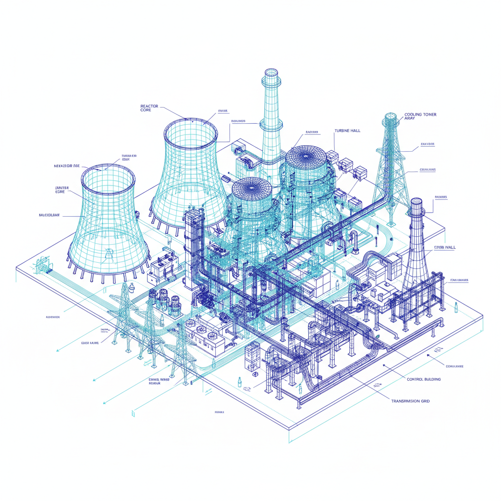 Wireframe schematic of a nuclear power plant simulation